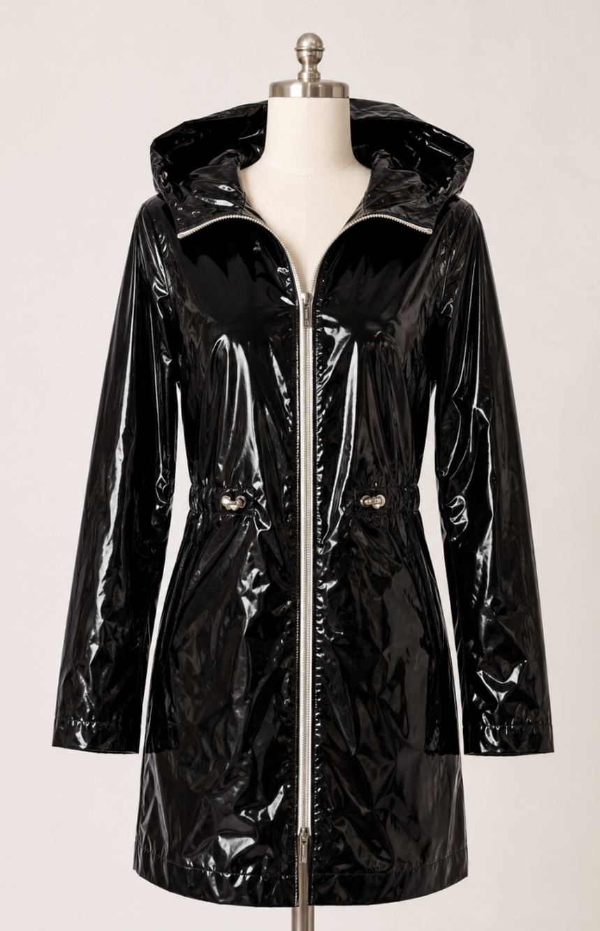 NWT JANE POST BLACK GLOSSY ICONIC PRINCESS RAIN SLICKER COAT RAINCOAT JACKET XS